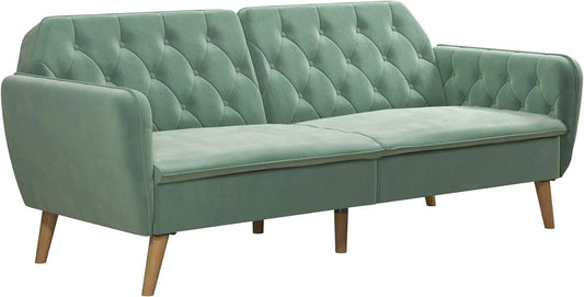 (NEW) Novogratz Tallulah Memory Foam Sofa Bed, Light Green Velvet Futon