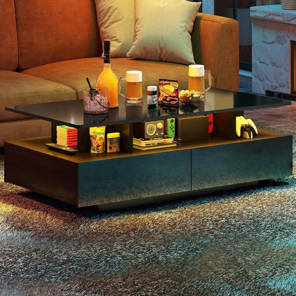 (NEW) Modern Coffee Table with Storage, High Glossy LED Coffee Tables for Living Room