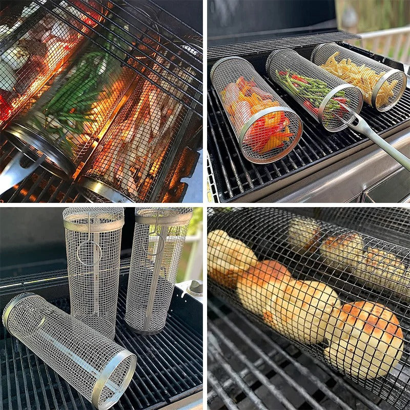 BBQ Basket Stainless Steel Rolling Grilling Basket Wire Mesh Cylinder