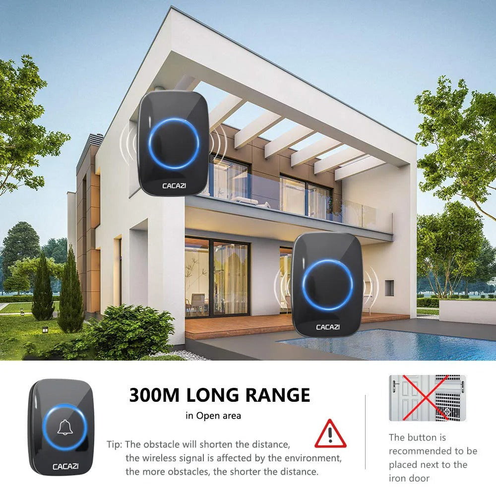 CACAZI 60 Chime 110DB 300M Wireless Doorbell Waterproof Remote EU Plug Smart Door Bell