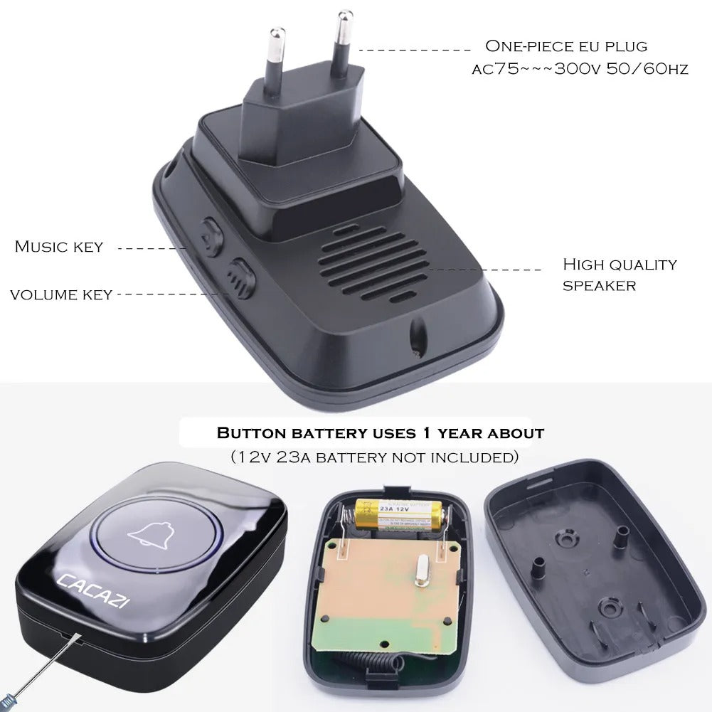 CACAZI 60 Chime 110DB 300M Wireless Doorbell Waterproof Remote EU Plug Smart Door Bell