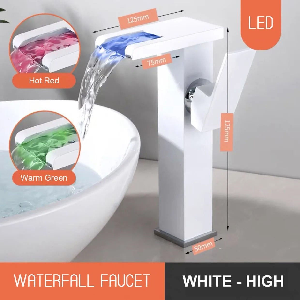 LED Waterfall Faucet Hot Cold Color Changing Smart Luminous Mixer Tap Bathroom Wash