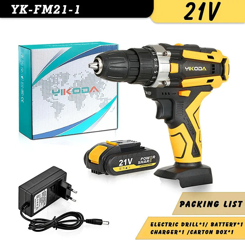 YIKODA 12/16.8/21V Cordless Drill Rechargeable Electric Screwdriver Lithium Battery